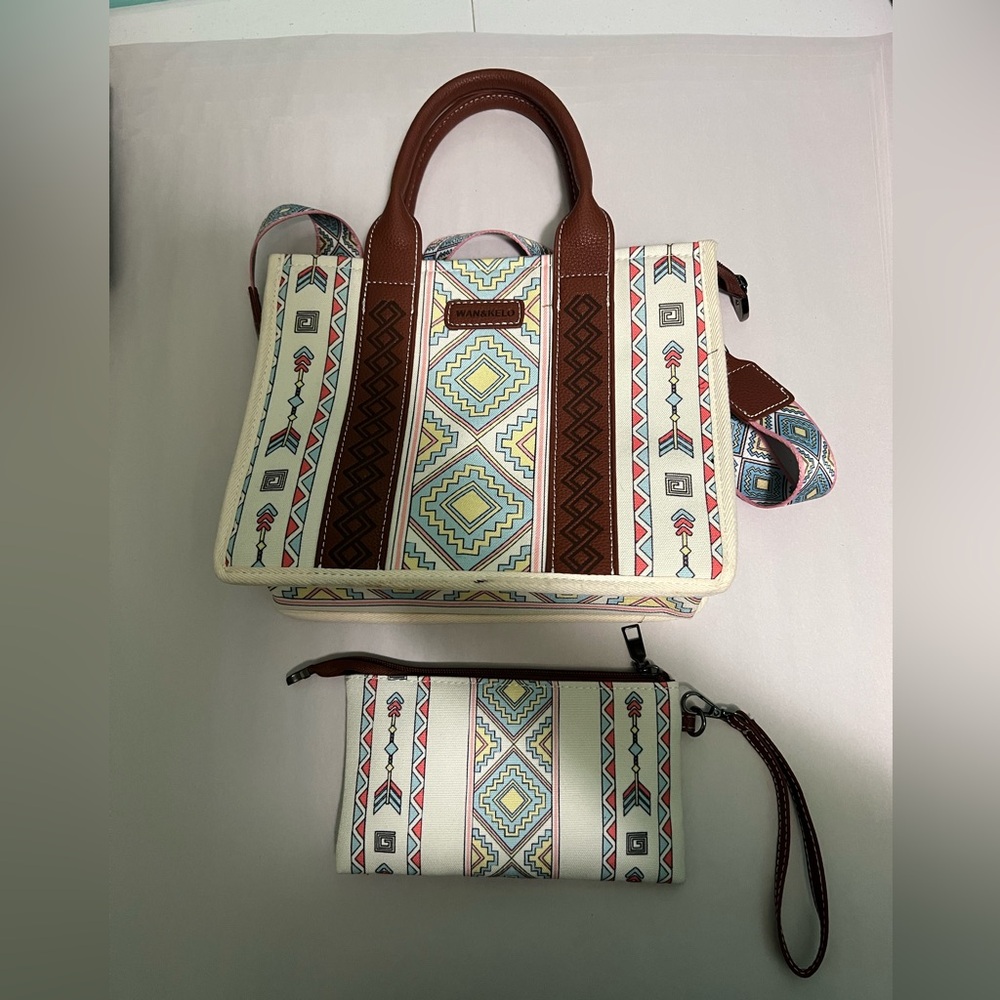 Geometric Patterned Brown and Cream Tote Bag Set